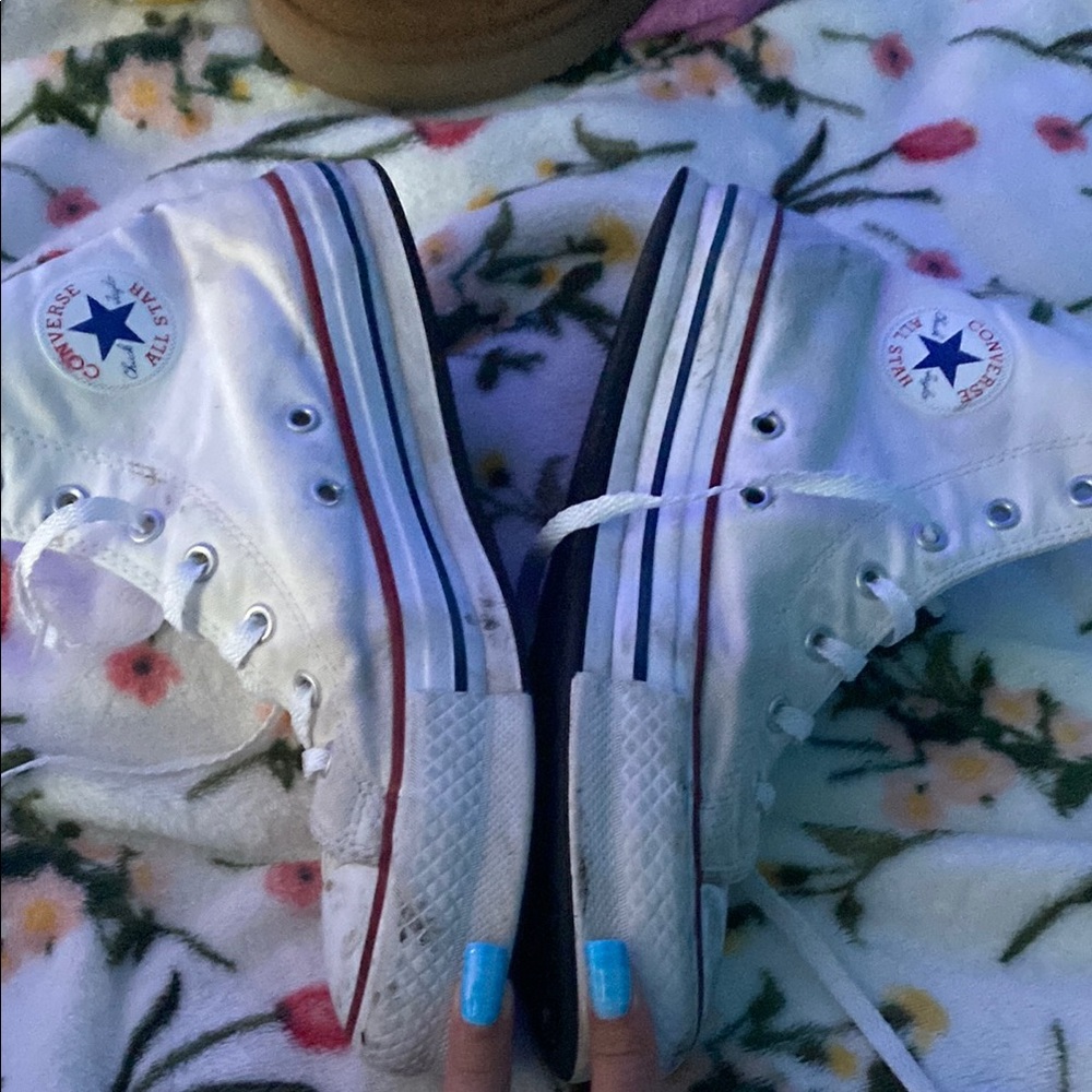 Converse White High-Tops with Red and Blue Stripes
